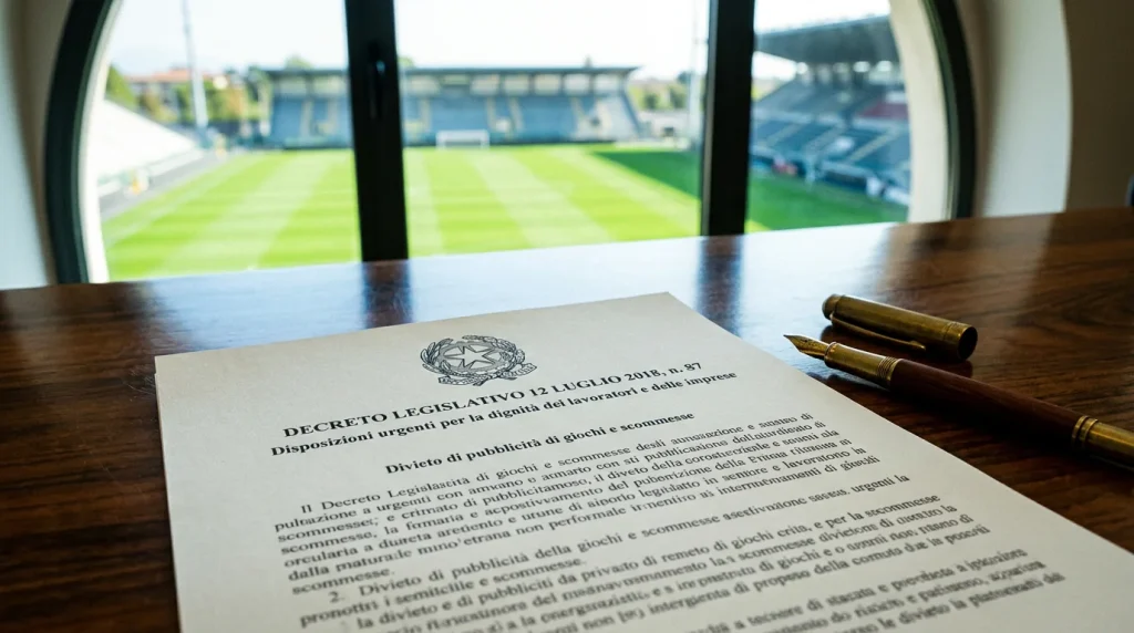 Documento legislativo italiano con simbolos del Decreto Dignità y su impacto en las apuestas deportivas
