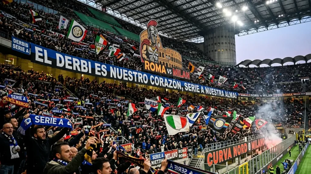 Aficion dividida en un estadio italiano durante un derbi de la Serie A