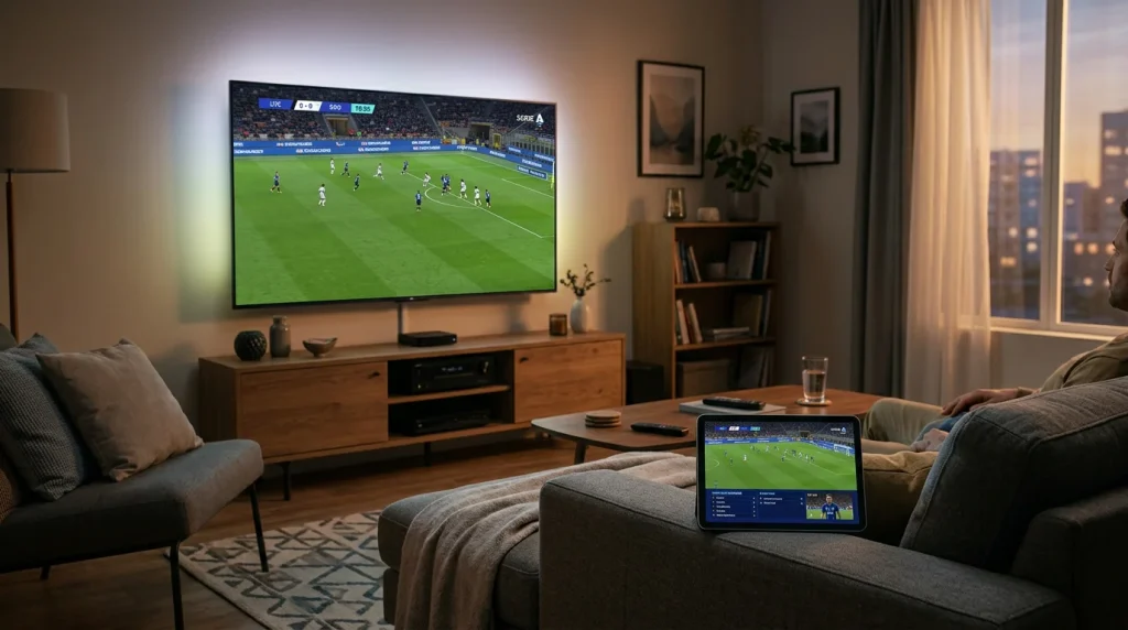 Pantalla de televisión y dispositivo móvil mostrando un partido de la Serie A en directo desde España
