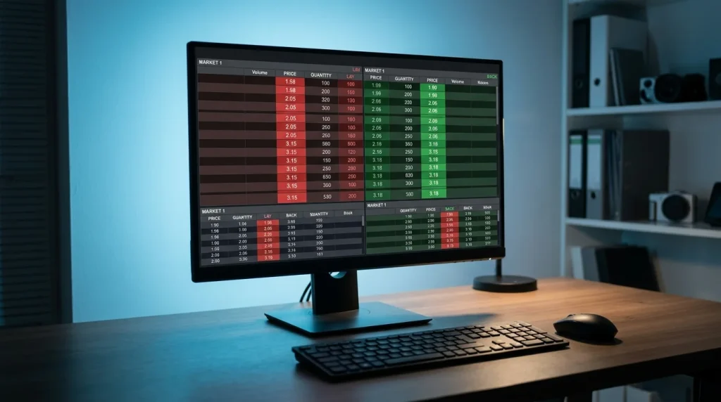Pantalla de exchange de apuestas mostrando mercados back y lay para un partido de la Serie A